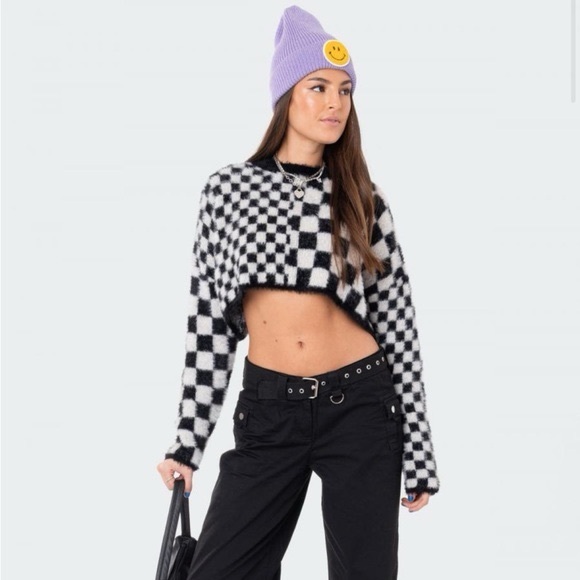 Edikted Sweaters - Edikted Cropped Fuzzy Black & White Checkered Sweater Womens Size XS New Jumper